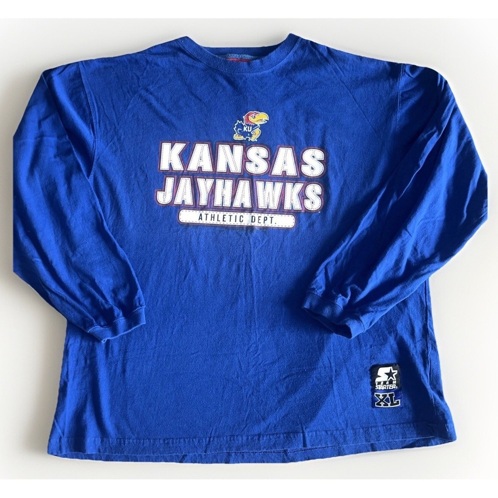 Vintage 90s Starter KU Kansas Jayhawks Long Sleeve T-Shirt Heavy Cotton Size XL